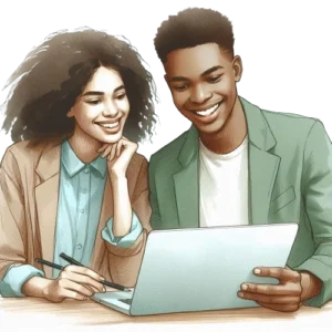 A smiling man and woman work together on a laptop, illustrating the spirit of digital marketing freelancing at Indotcom, Malappuram.